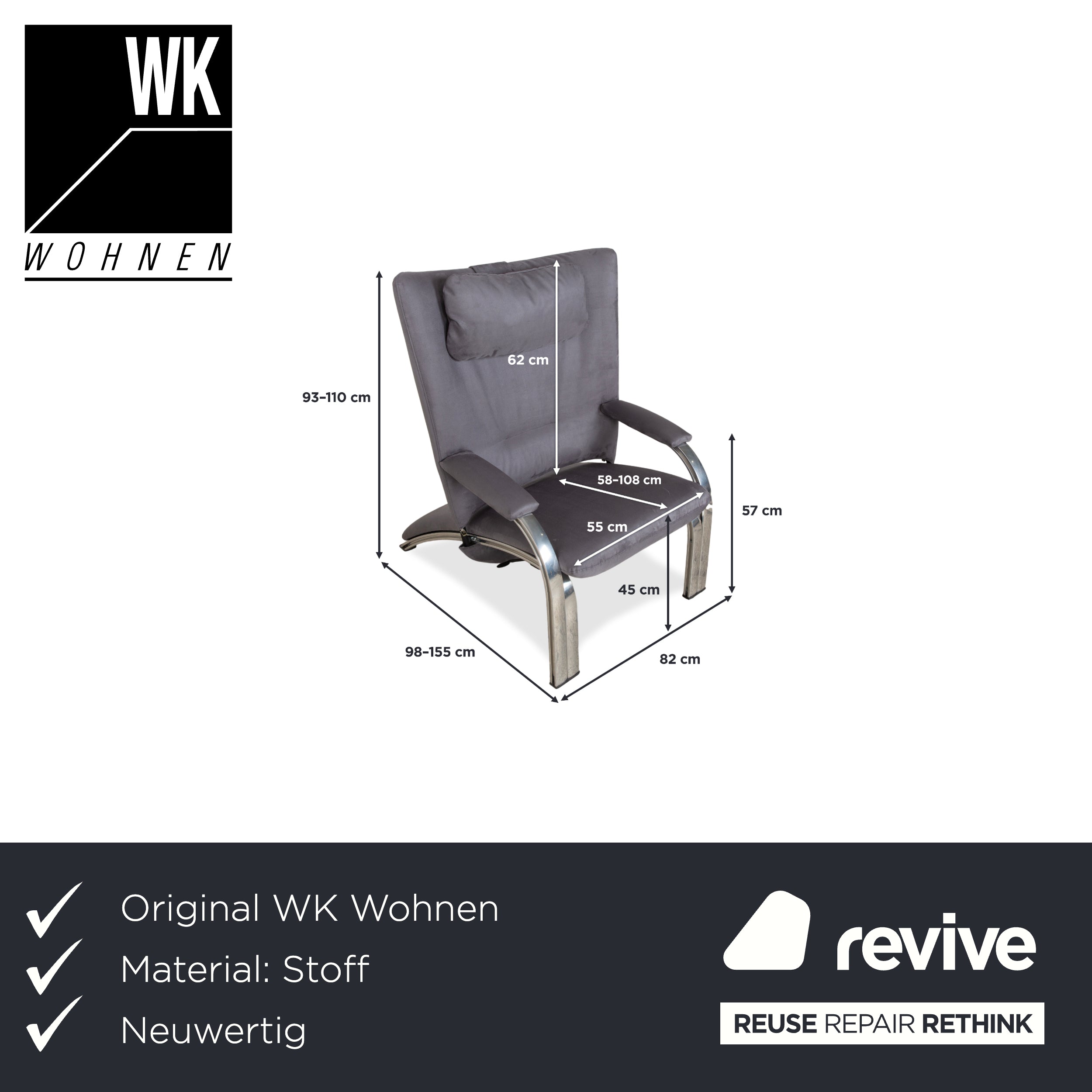 WK Wohnen Spot 698 Stoff Sessel Grau manuelle Funktion Neubezug Silber