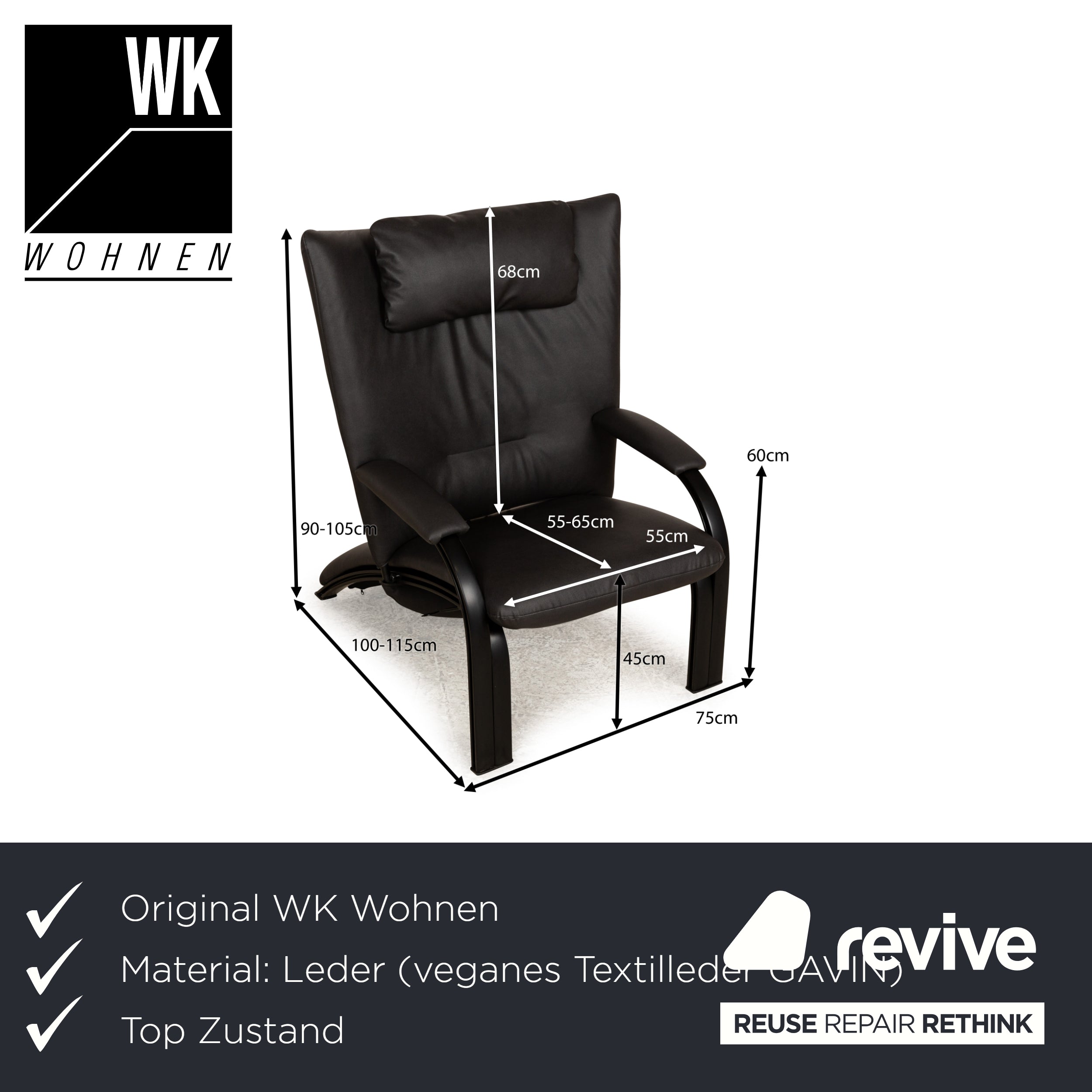 WK Wohnen Spot 698 veganes (GAVIN 117) Leder Metallgestell Sessel Schwarz Schwarzgrau manuelle Funktion Neubezug