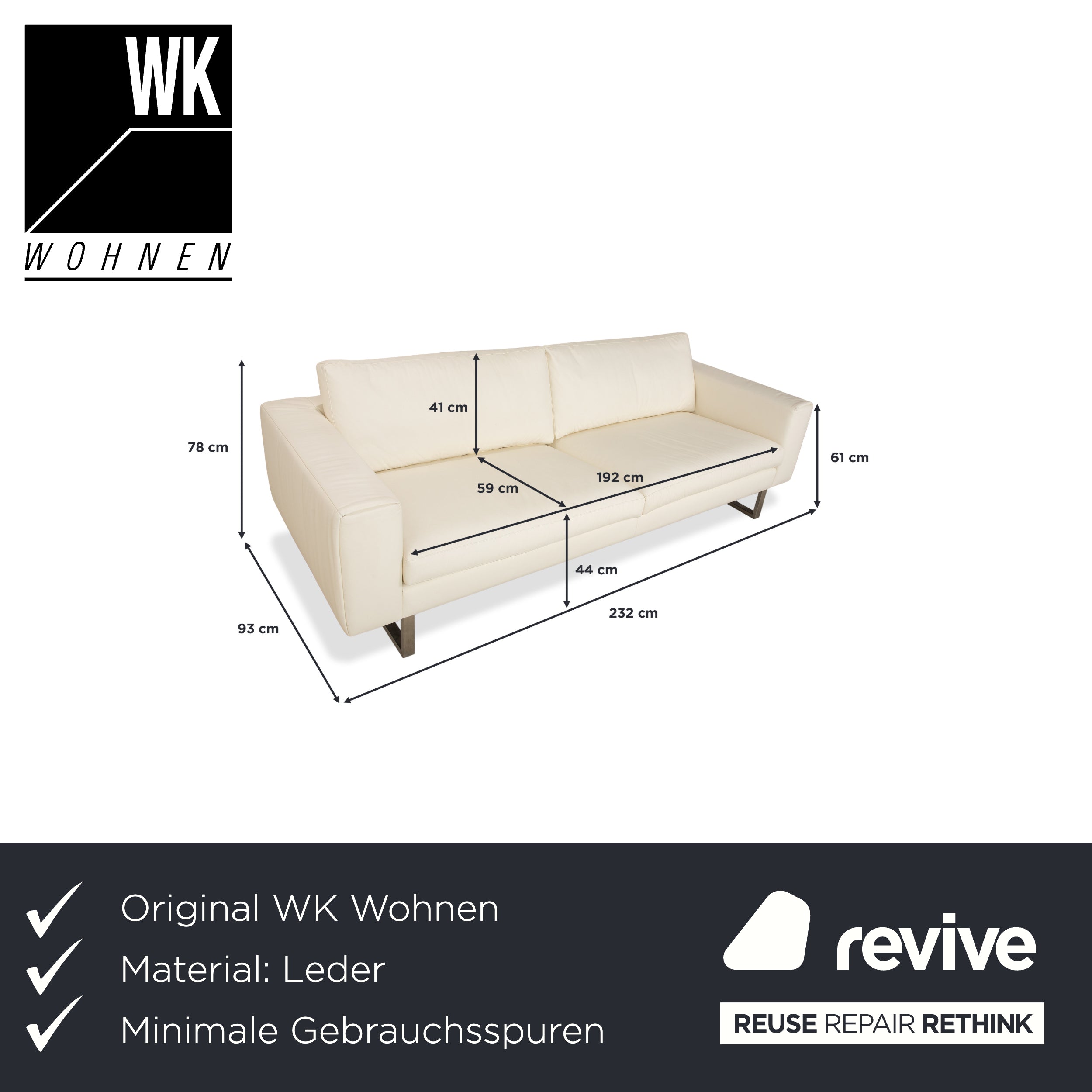 WK Wohnen WK 620 Leder Viersitzer Creme Weiß Sofa Couch
