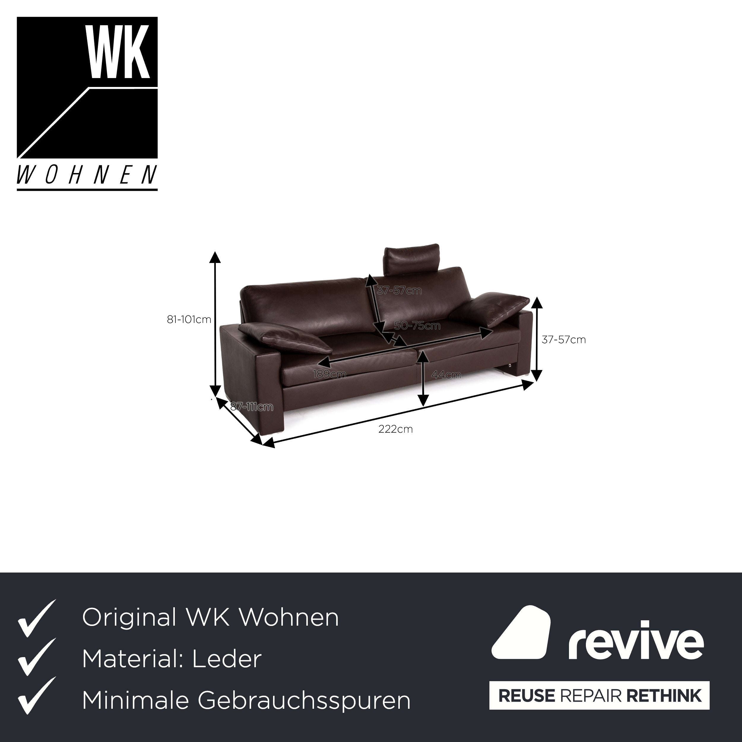 WK Wohnen Zara Leather Sofa Brown Dark Brown Three Seater Manual Function Couch