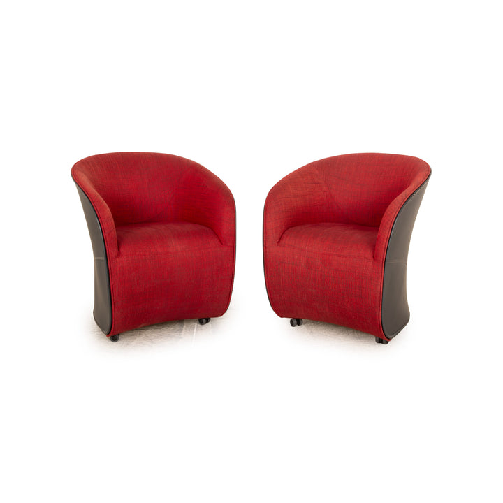 Zanotta Calla fabric armchair set red with leather body in brown on wheels