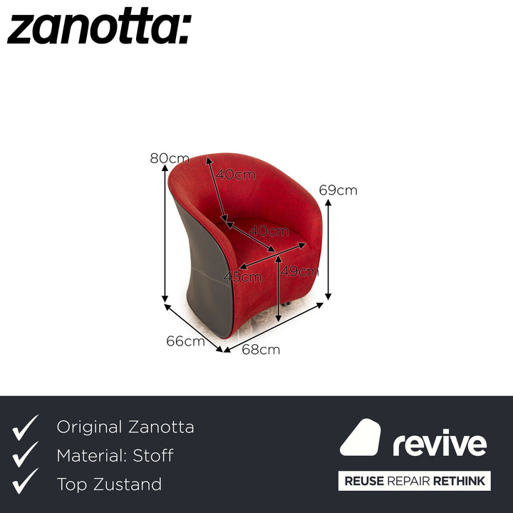 Fauteuil Zanotta Calla en tissu rouge avec corps en cuir marron sur roulettes