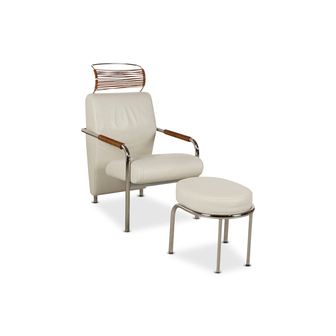 Zanotta Niccola fauteuil en cuir blanc avec tabouret