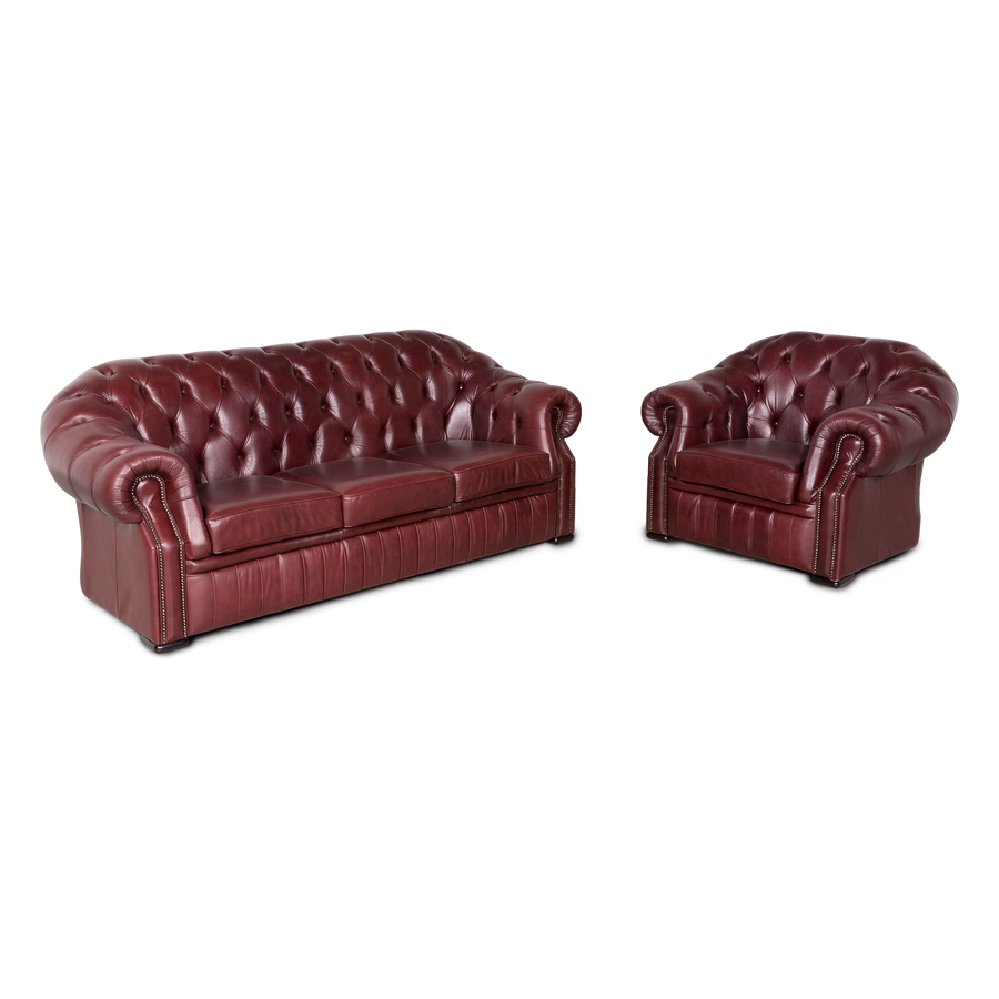 Chesterfield Designer Leder Sofa Sessel Garnitur Rot Echtleder Dreisitzer Couch Vintage Retro #8062