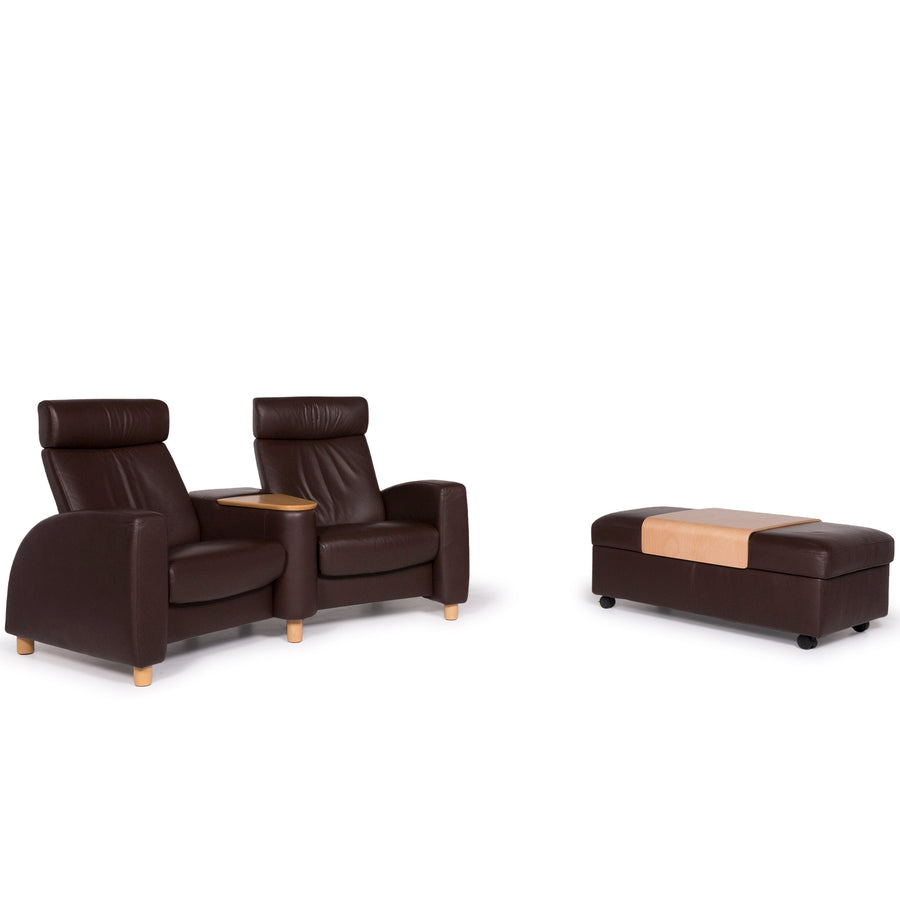 Stressless Arion Leather Sofa Set Brown Two Seater Stool Couch #11906