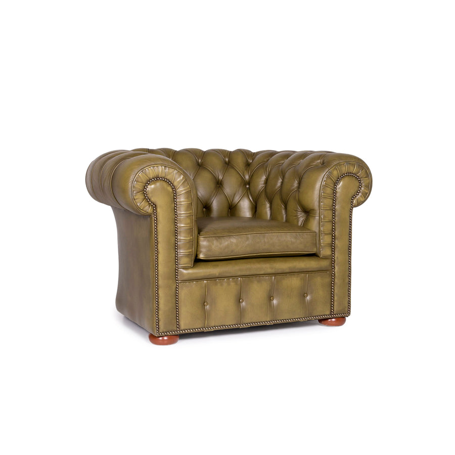 Chesterfield Leather Sofa Olive Green Retro Vintage Couch #10658