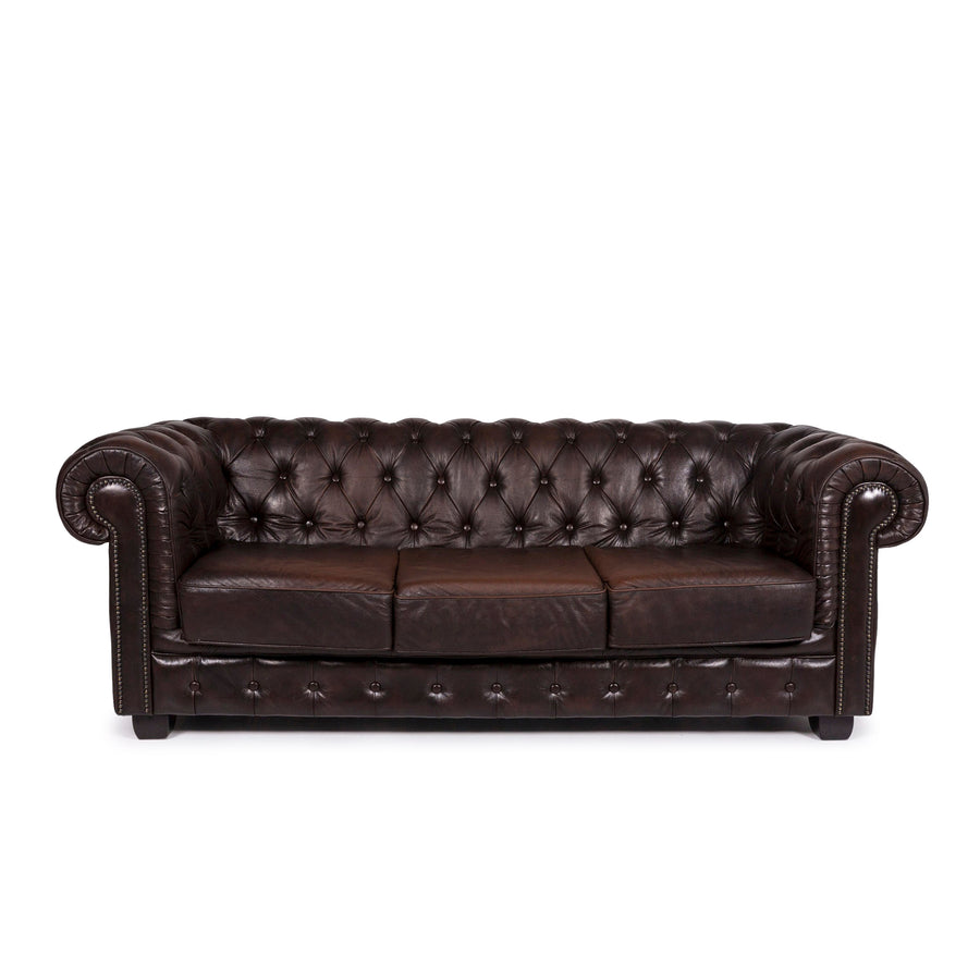 Chesterfield Leder Sofa Braun Dunkelbraun Dreisitzer Retro Couch #11980