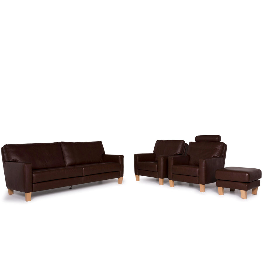 Musterring leather sofa set brown three-seater armchair stool #11598
