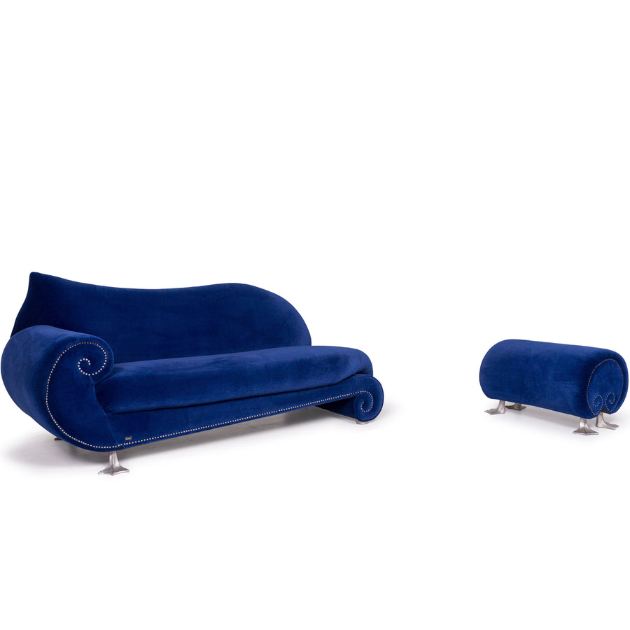 Bretz Gaudi Samt Sofa Garnitur Blau Zweisitzer Hocker #11929