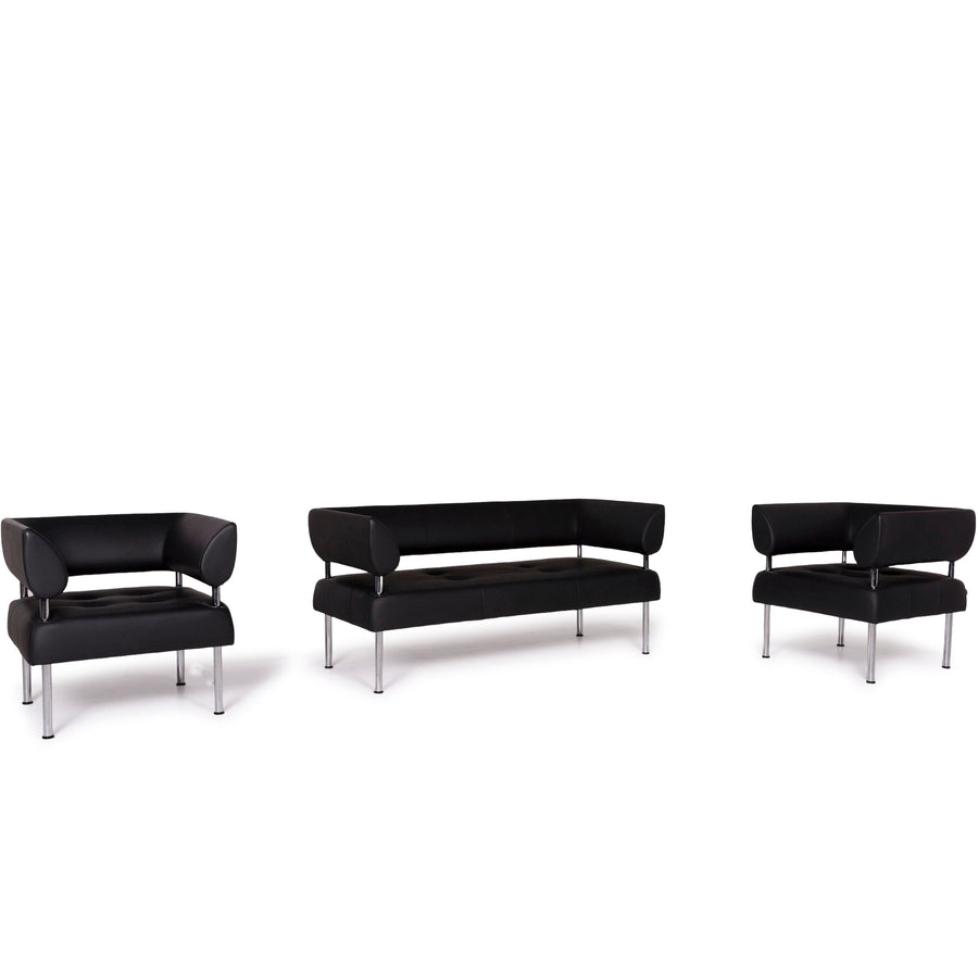 Sitland Leather Sofa Set Black Three Seater Armchair #11622