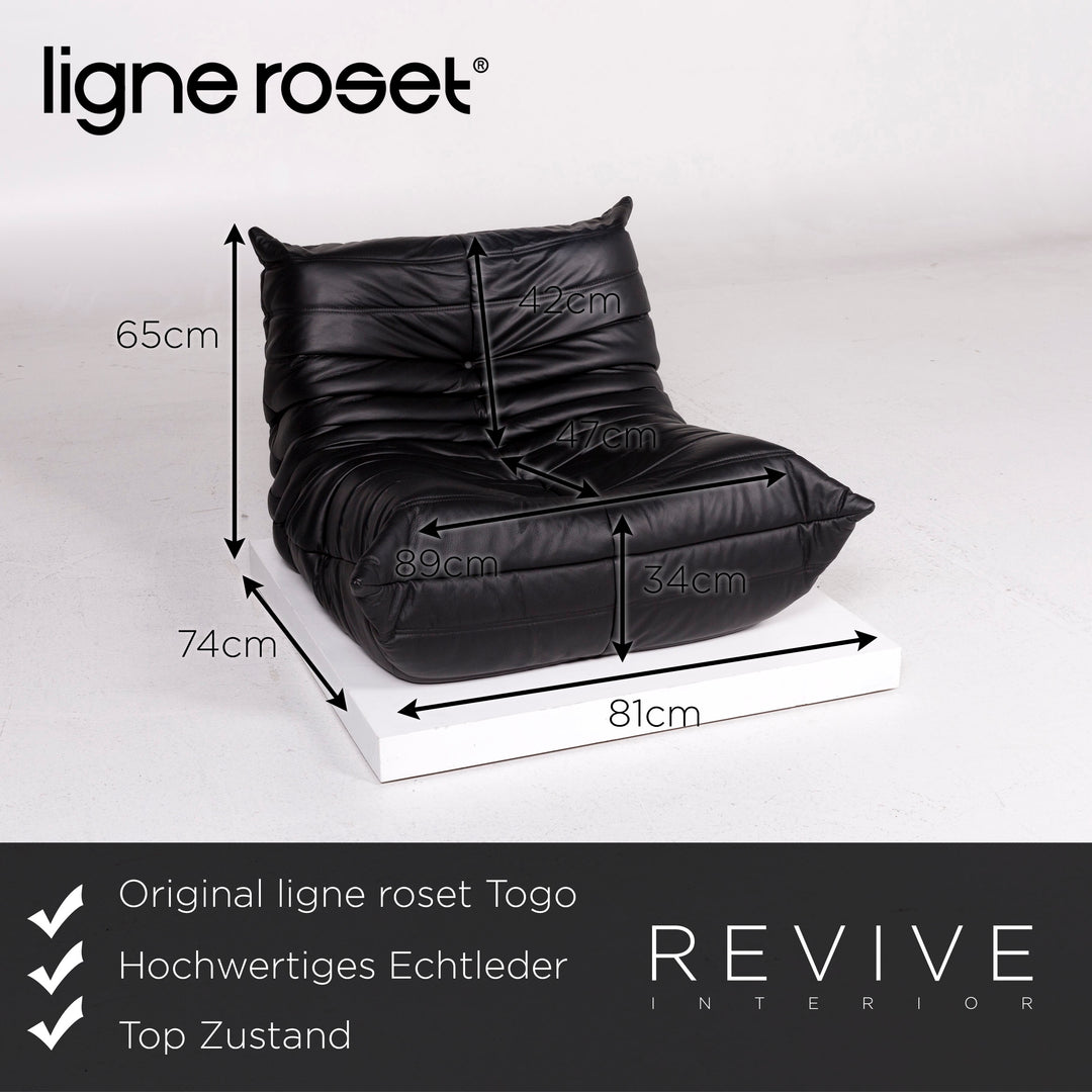 ligne roset Togo leather sofa set black 1x corner sofa 1x armchair 1x stool #11347