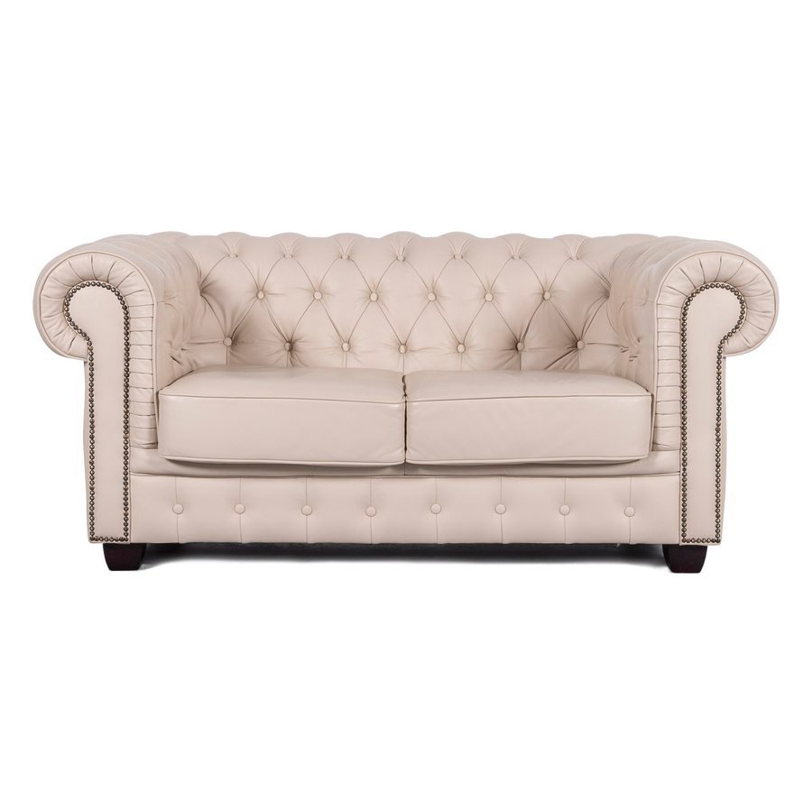 Chesterfield Leder Sofa Creme Beige Zweisitzer Couch Echtleder Vintage #5945