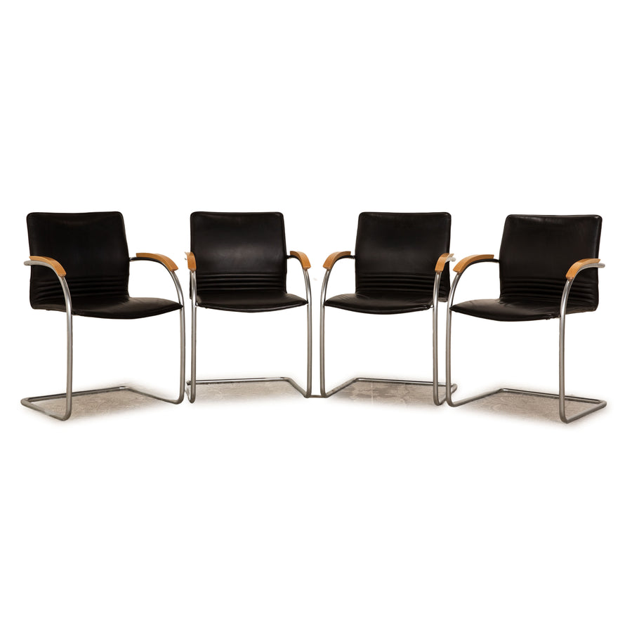 Set of 4 Thonet S 79 leather chairs black
