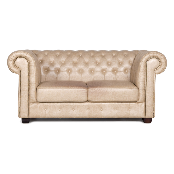 Chesterfield Faux Leather Sofa Beige Two Seater Couch Vintage Retro #7160