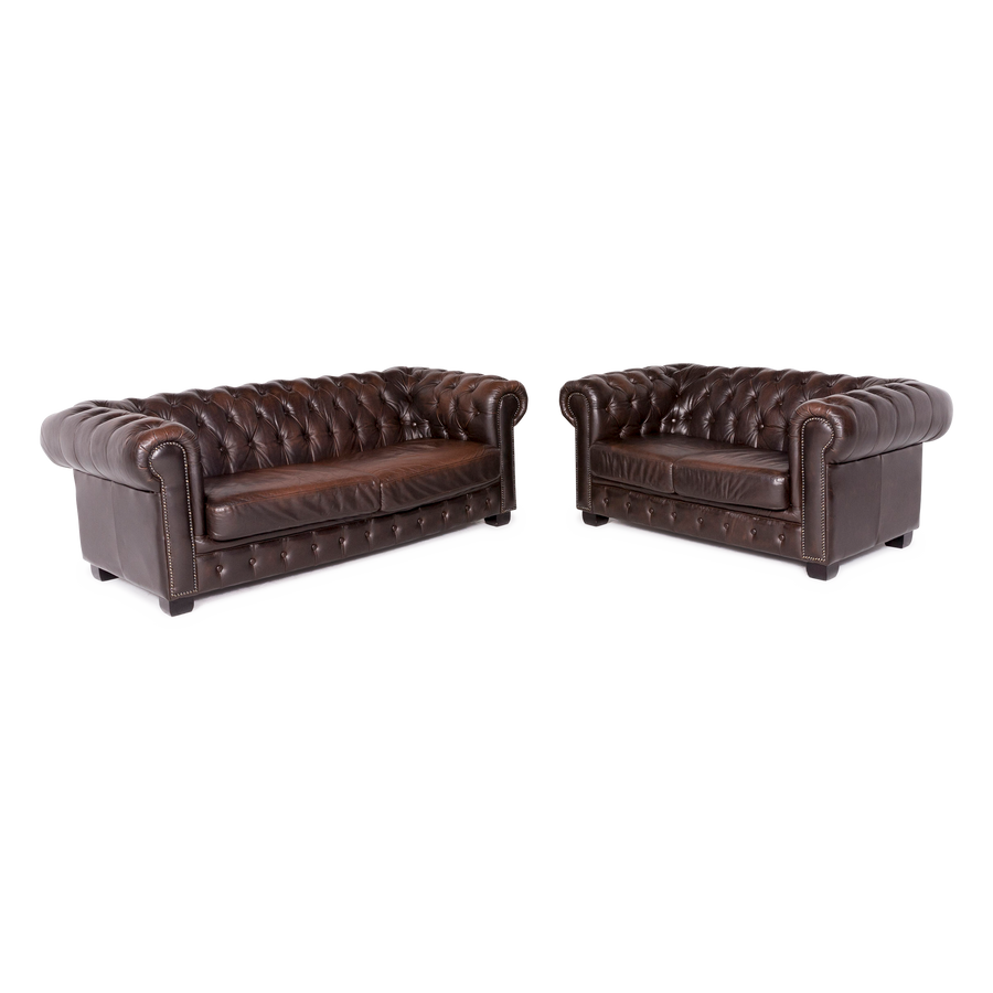 Chesterfield Leder Sofa Garnitur Braun Echtleder Zweisitzer Dreisitzer Couch Vintage Retro #8766