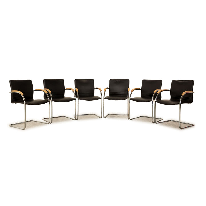6er Garnitur Thonet S 79 Leder Stuhl Schwarz Vintage