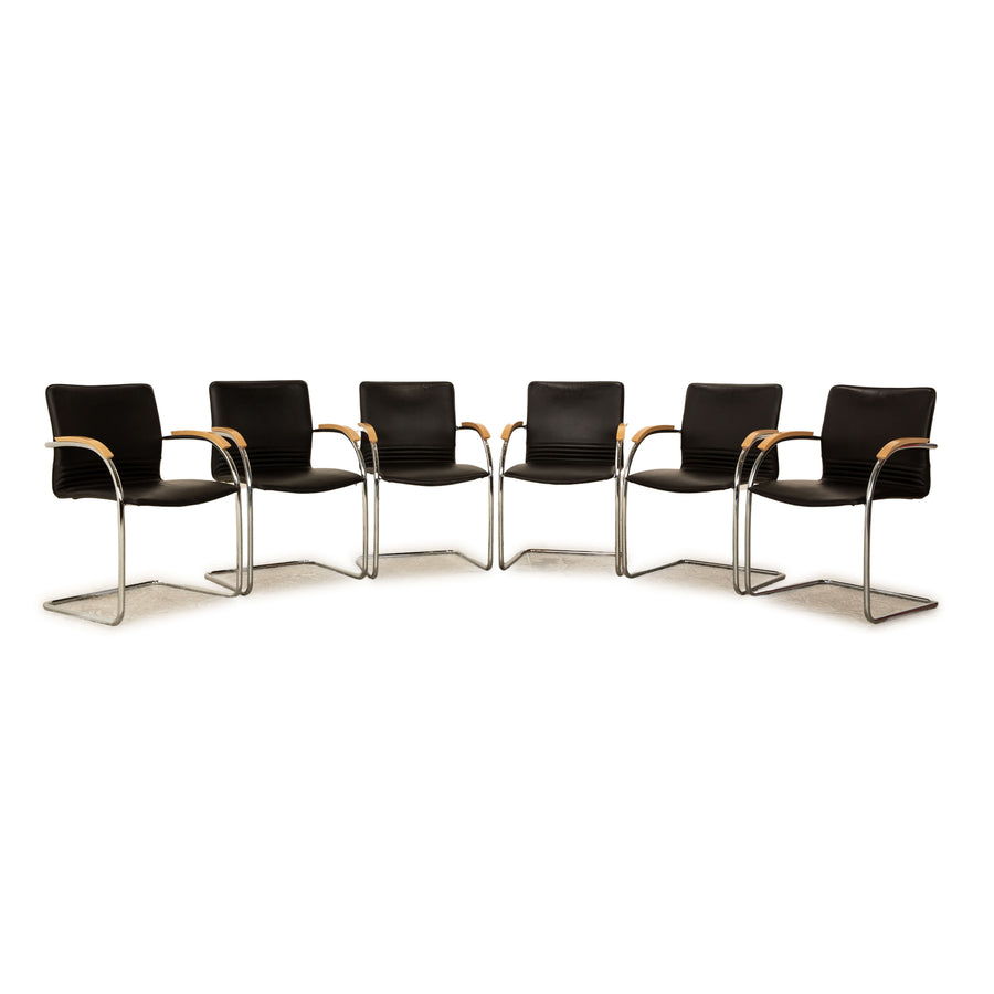 Set of 6 Thonet S 79 leather chairs black vintage