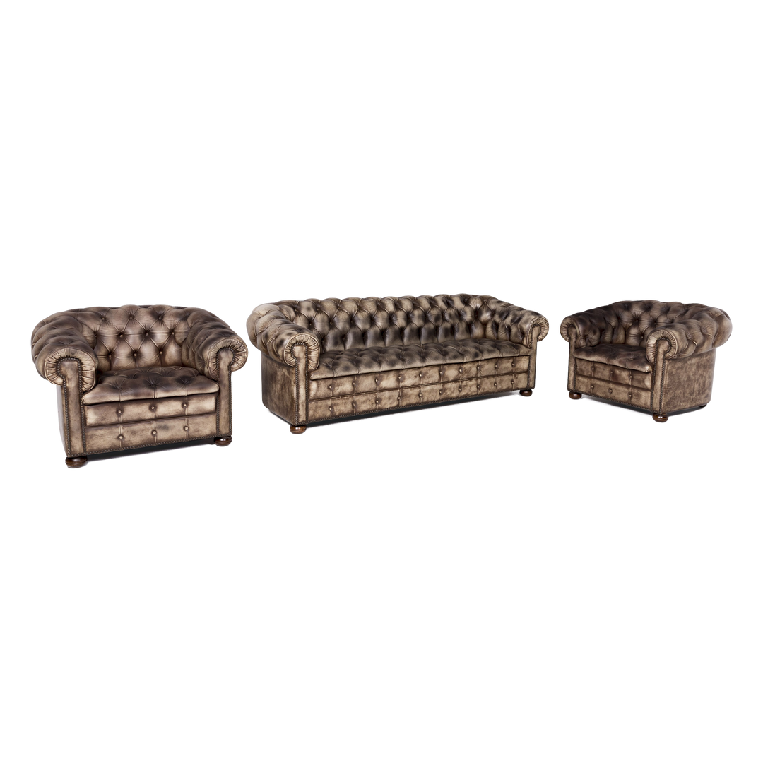 Chesterfield leather sofa leather sofa armchair set cream pattern real leather chair three-seater couch vintage retro #8757