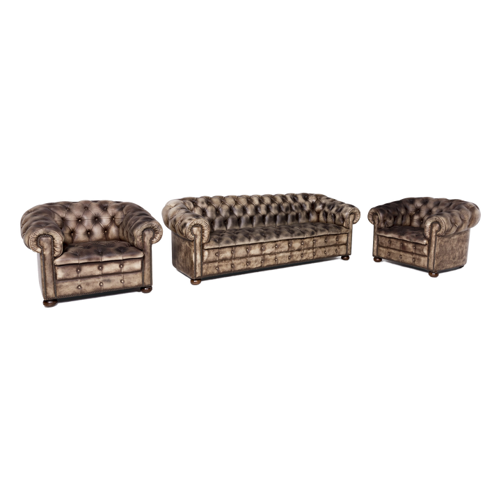 Chesterfield leather sofa leather sofa armchair set cream pattern real leather chair three-seater couch vintage retro #8757