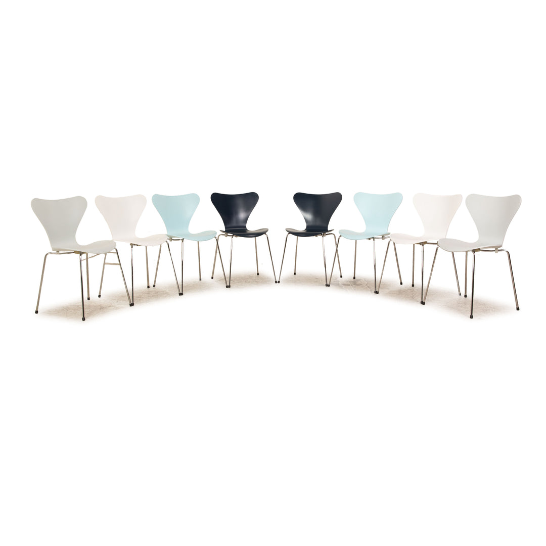 Set of 8 Fritz Hansen Series 7 Wooden Chairs White Blue Light Gray Turquoise
