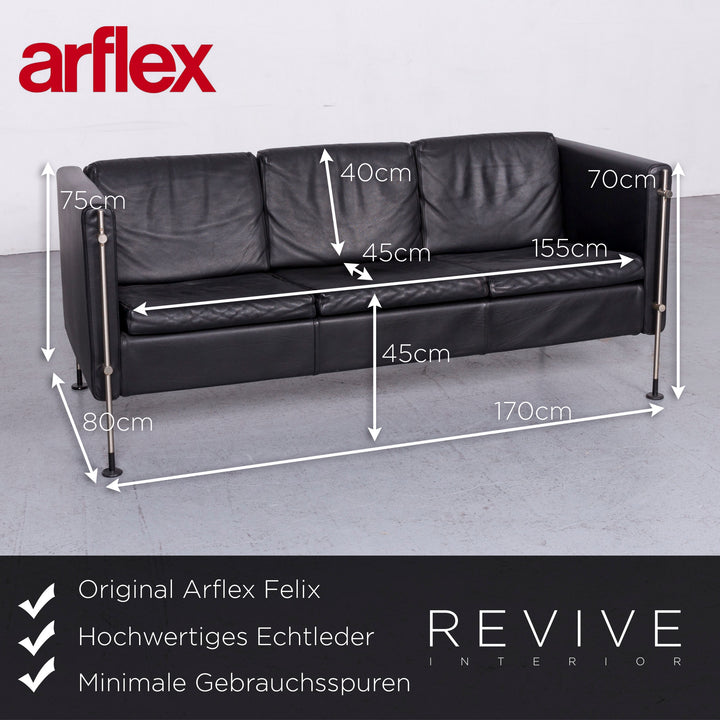Arflex Felix Designer Leder Sofa Schwarz Echtleder Dreisitzer Couch #7001