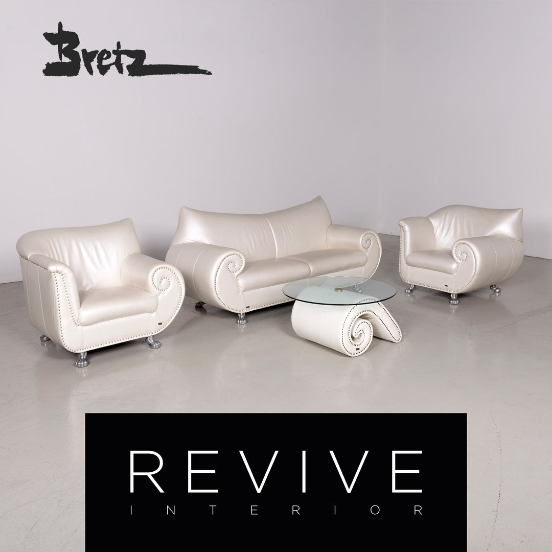 Bretz Gaudi Designer Leather Sofa Armchair Coffee Table Set White Mother of Pearl Couch #7368