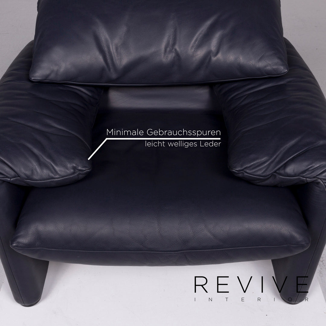 Cassina Maralunga leather sofa set blue dark blue 1x three-seater 3x armchair 1x stool #11335