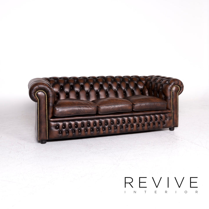 Chesterfield Designer Leder Sofa Garnitur Braun Dreisitzer #8990