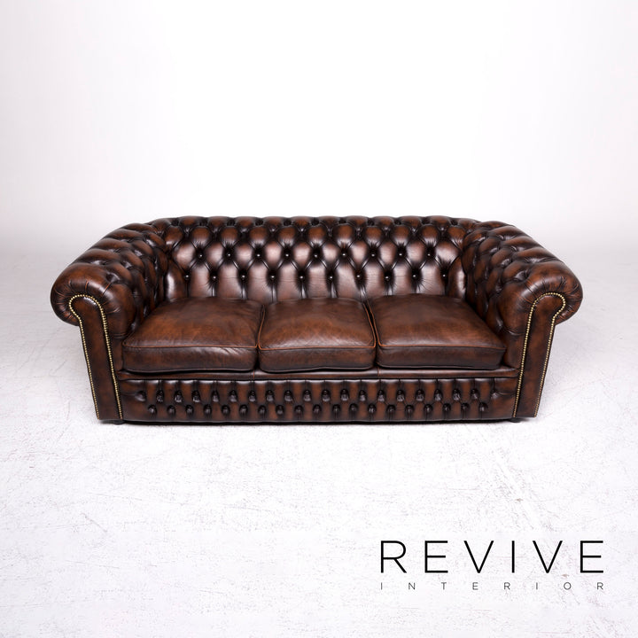 Chesterfield Designer Leder Sofa Garnitur Braun Dreisitzer #8990