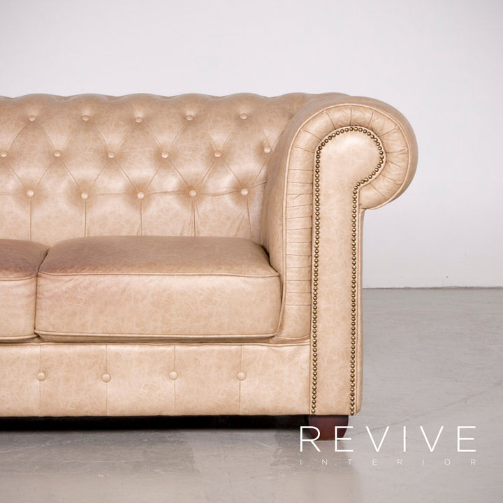 Chesterfield Kunstleder Sofa Beige Zweisitzer Couch Vintage Retro #7160