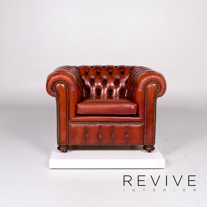 Chesterfield Leder Sofa Garnitur Braun Rotbraun Kupfer Rost 1x Dreisitzer 2x Sessel Retro #11073