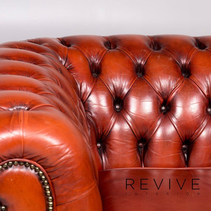 Chesterfield Leder Sofa Garnitur Braun Rotbraun Kupfer Rost 1x Dreisitzer 2x Sessel Retro #11073