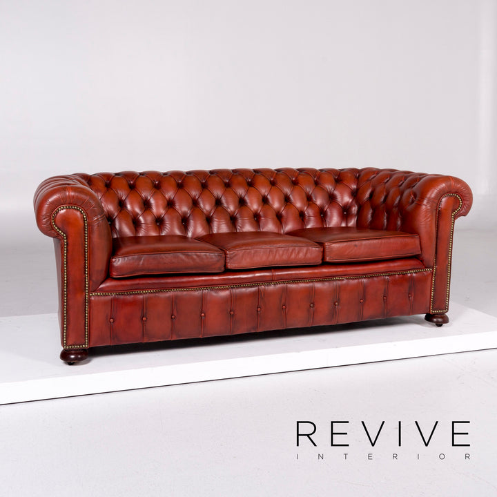 Chesterfield Leder Sofa Garnitur Braun Rotbraun Kupfer Rost 1x Dreisitzer 2x Sessel Retro #11073
