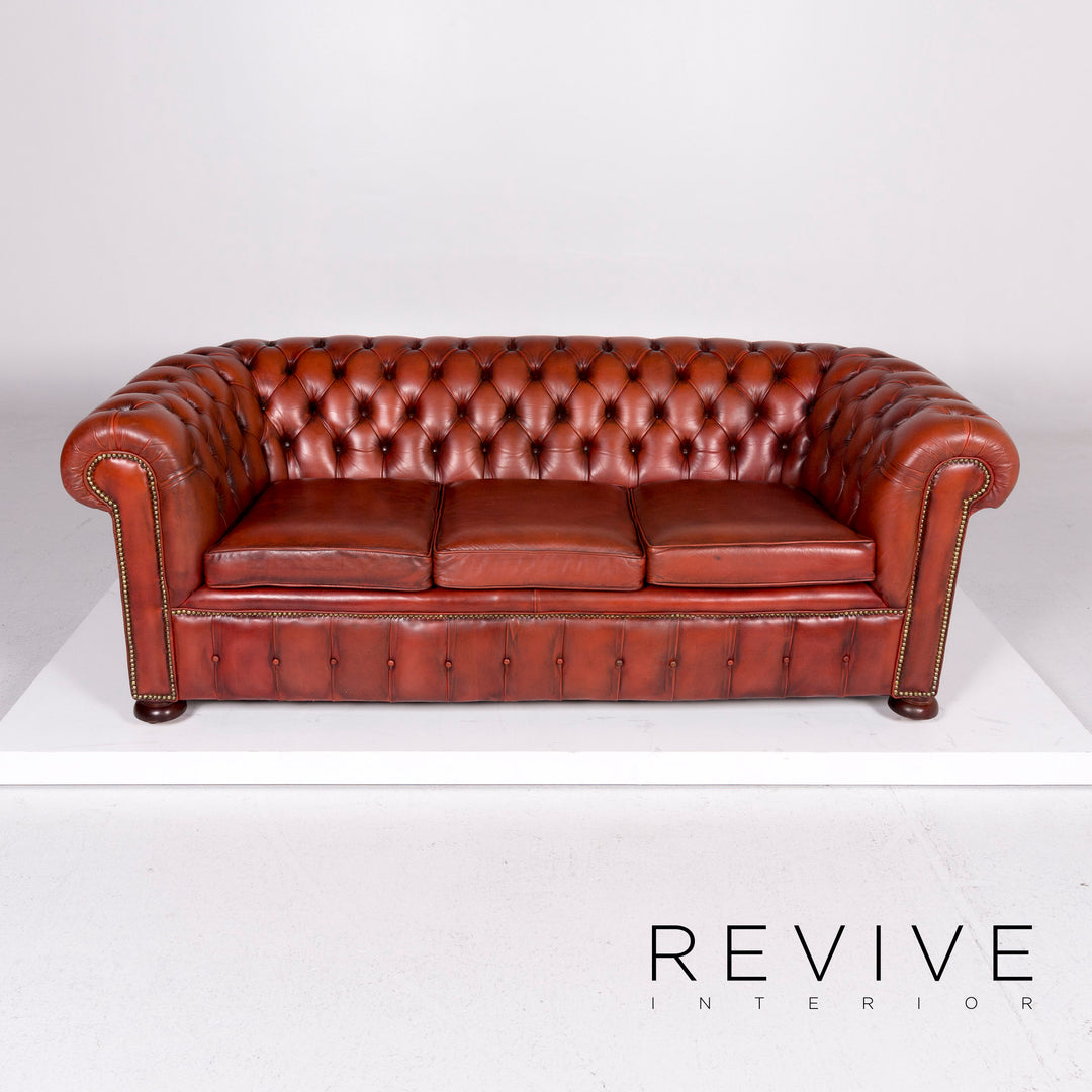 Chesterfield Leder Sofa Garnitur Braun Rotbraun Kupfer Rost 1x Dreisitzer 2x Sessel Retro #11073