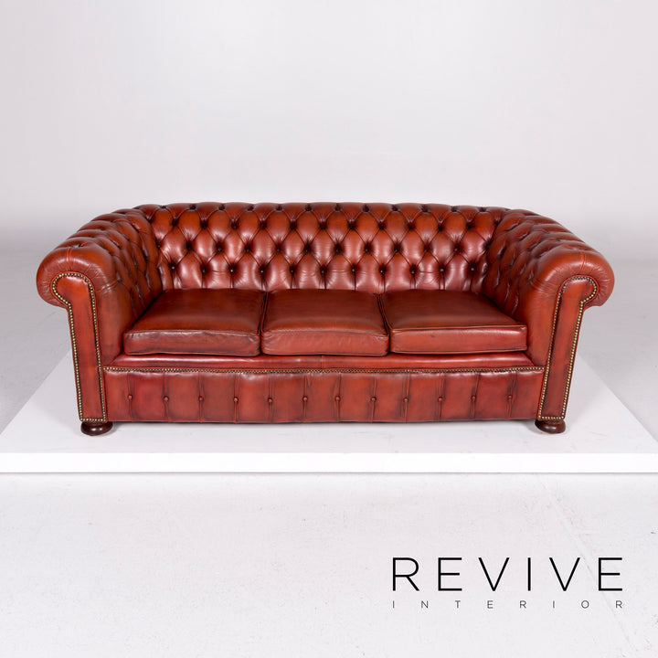Chesterfield Leder Sofa Garnitur Braun Rotbraun Kupfer Rost 1x Dreisitzer 2x Sessel Retro #11073