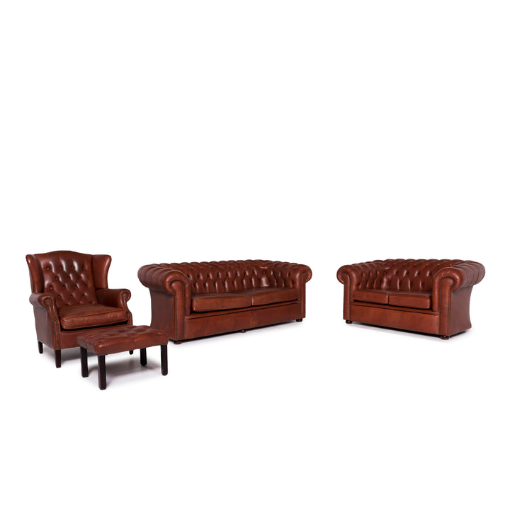Ensemble canapé Chesterfield en cuir 1x trois places, 1x deux places, 1x fauteuil, 1x tabouret #11348