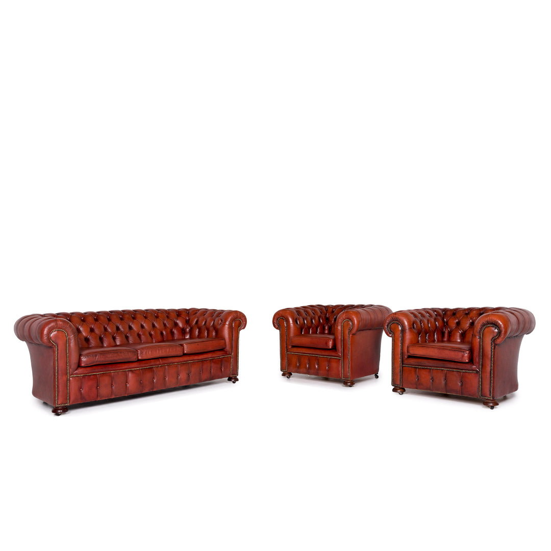 Chesterfield Leder Sofa Garnitur Braun Rotbraun Kupfer Rost 1x Dreisitzer 2x Sessel Retro #11073