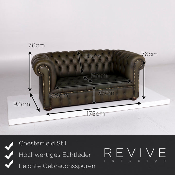 Chesterfield Leder Sofa Oliv Grün Zweisitzer Couch Echtleder Vintage