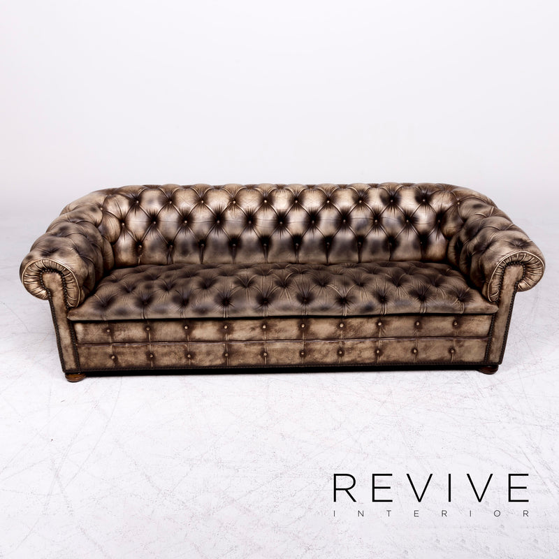 Chesterfield Leder Sofa Leder Sofa Sessel Garnitur Creme Muster Echtleder Stuhl Dreisitzer Couch Vintage Retro 