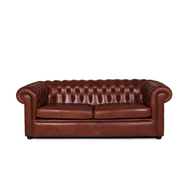 Chesterfield Leather Sofa Red Brown Three Seater Couch Retro #11283