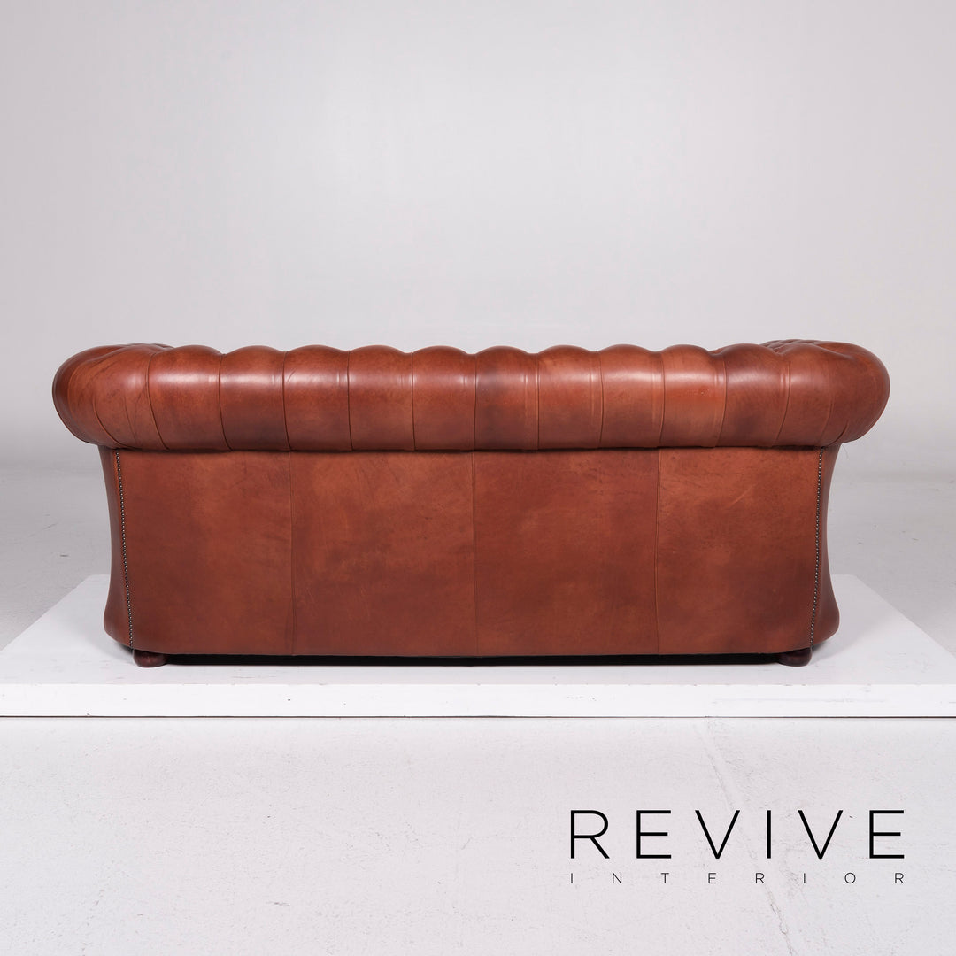 Chesterfield Leather Sofa Red Brown Three Seater Couch Retro #11283