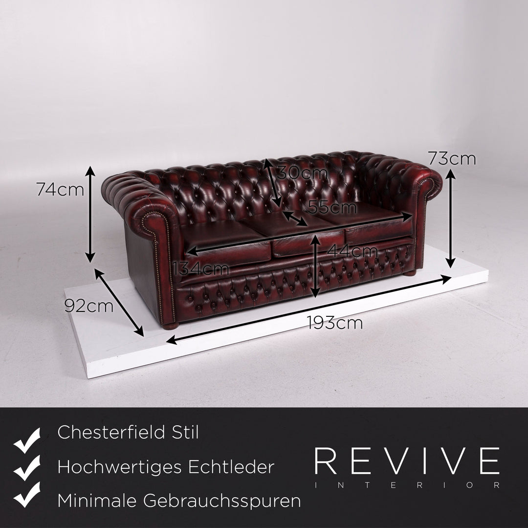 Chesterfield Leder Sofa Rot Weinrot Dreisitzer Retro Couch #11463