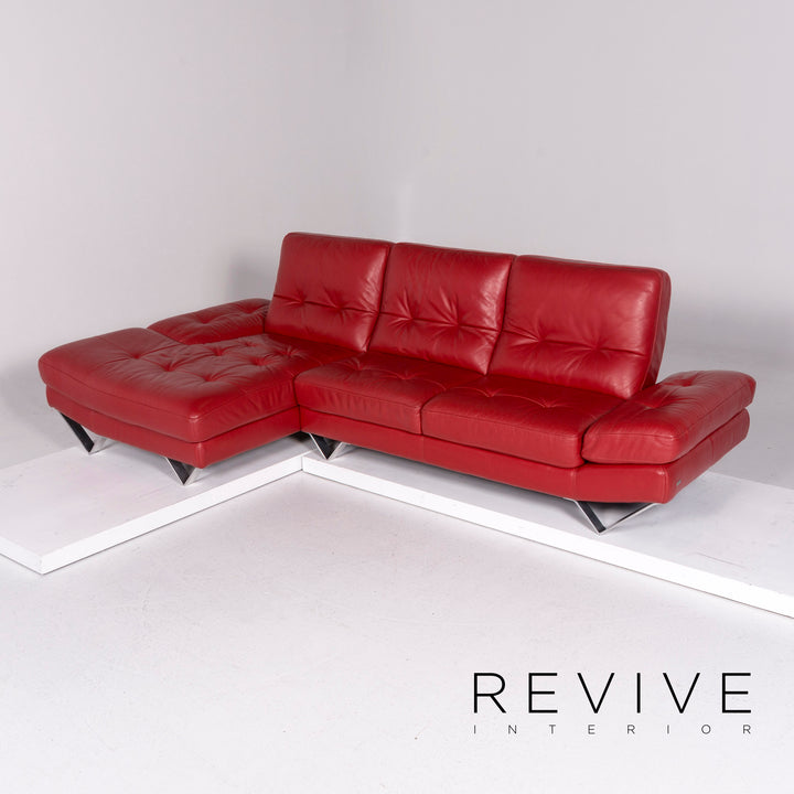 Divanotti Leder Sofa Garnitur Rot 1x Ecksofa 1x Hocker #11214