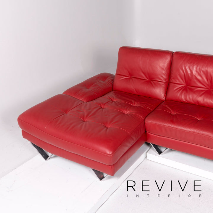 Divanotti Leder Sofa Garnitur Rot 1x Ecksofa 1x Hocker #11214