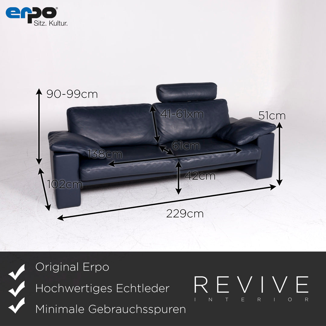 Erpo Designer Leder Sofa Garnitur Blau Dreisitzer Sessel Hocker #9314