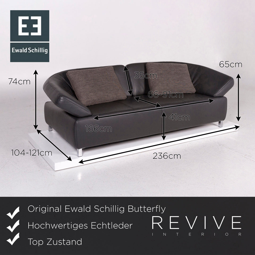 Ewald Schillig Butterfly Leather Sofa Anthracite Gray Brown Three Seater Function Couch #12136