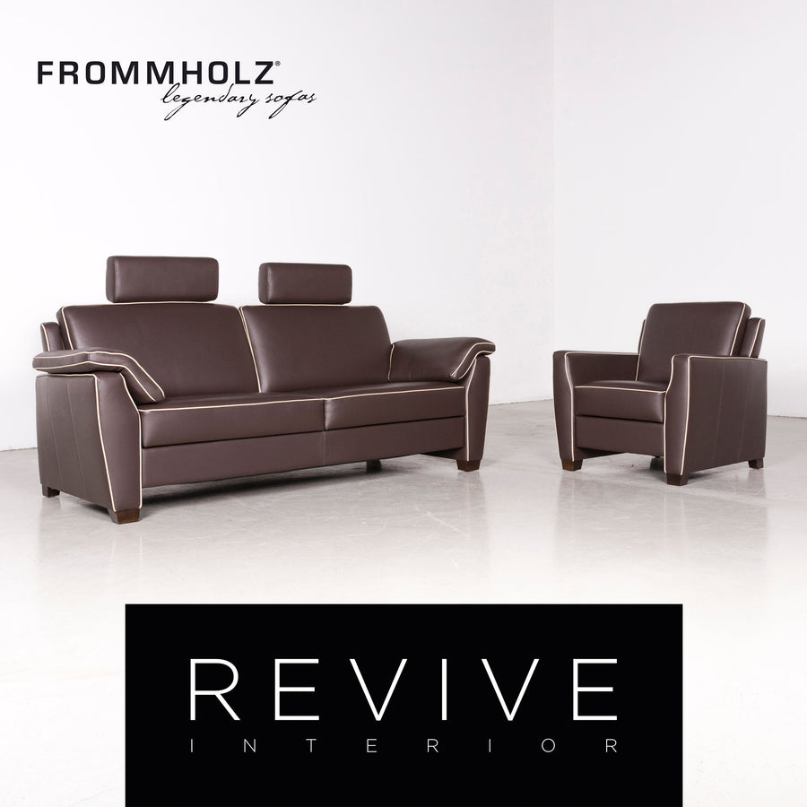 Frommholz Trevi Braun Designer Leder Sofa Sessel Garnitur Braun Echtleder Stuhl Dreisitzer Couch #7732