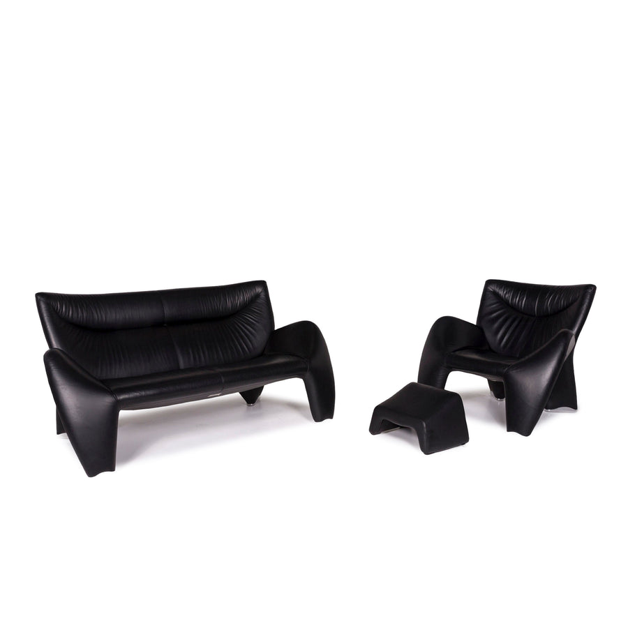 Leolux Akhenaten leather sofa set black 1x three-seater 1x armchair incl. stool #12030
