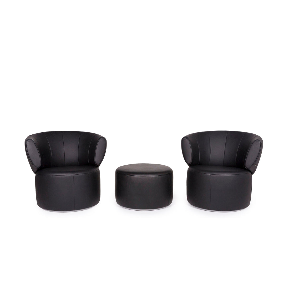 Rolf Benz Loop 684 leather armchair set black 2x armchair 1x stool #12117