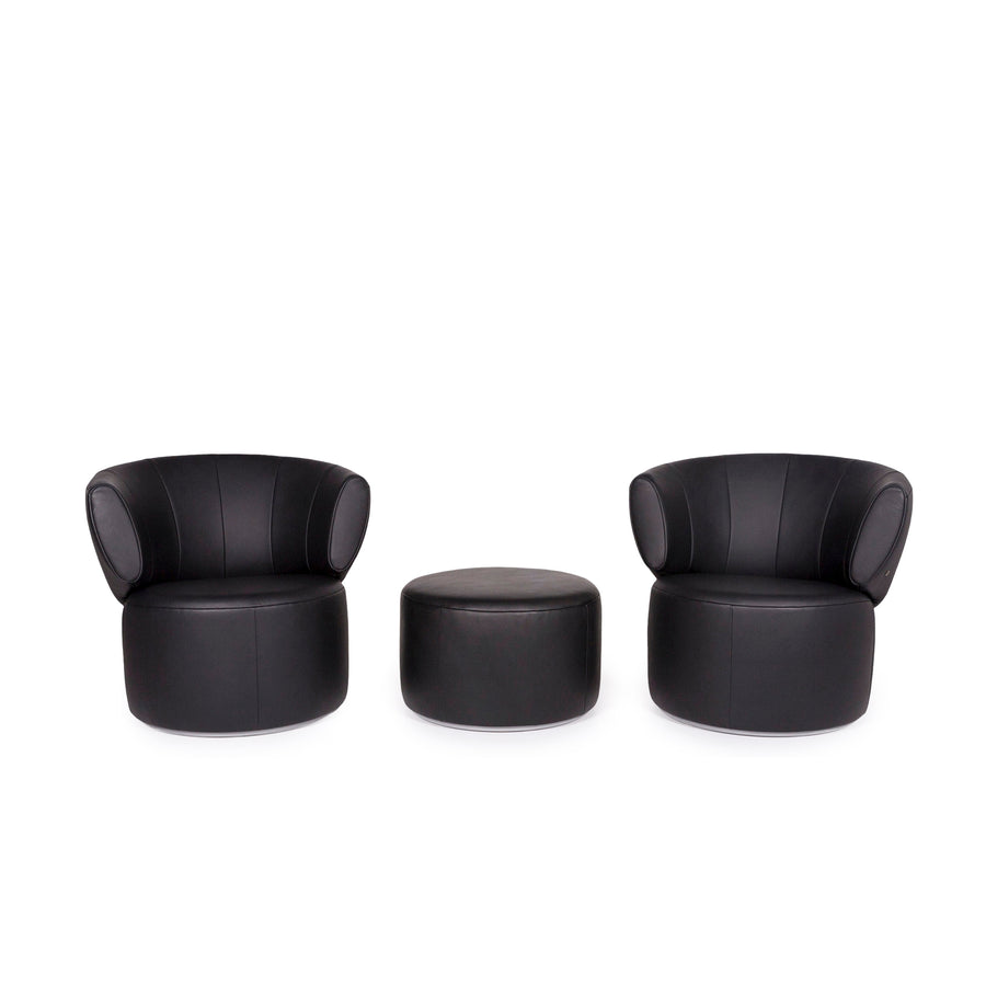Rolf Benz Loop 684 leather armchair set black 2x armchair 1x stool #12117